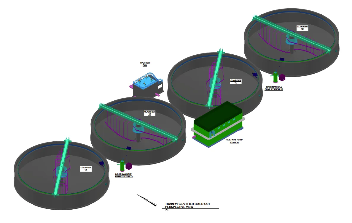 Clarifier build-out model showing process tanks, equipment, and connected systems for facility coordination.