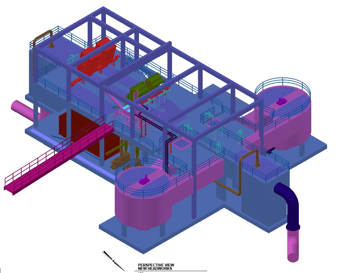 Isometric view of an industrial plant layout with piping systems and equipment platforms