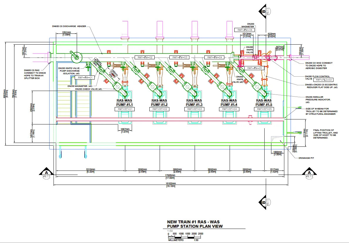 Engineering drawing of a pump station showing piping, valves, and equipment layout with plan and section labeling for coordination.
