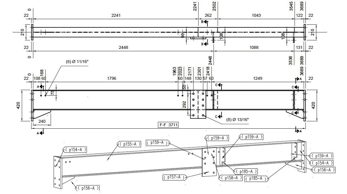 Steel beam detailing by Luis Hernández featuring dimensions, bolt holes, and cross-sectional specifications prepared for fabrication and construction documentation.