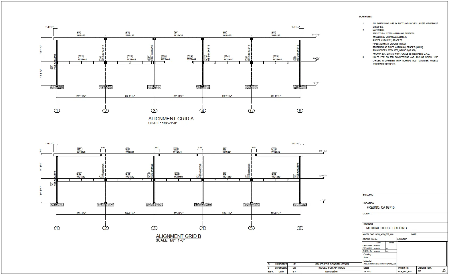 Building alignment sections showing structural grid elevations and framing connections for the medical office building steel system.