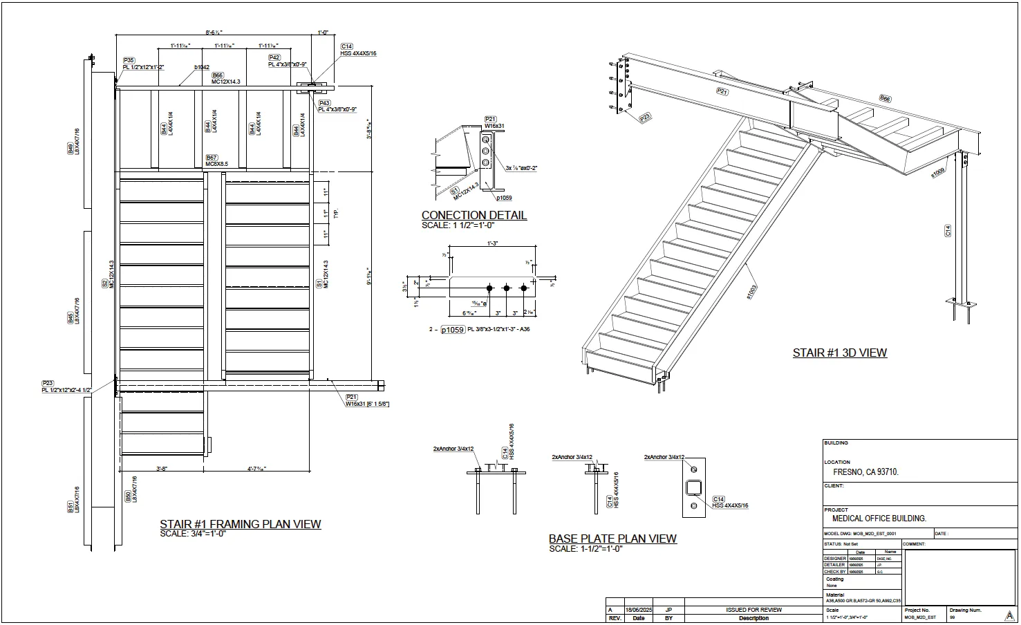 Steel stair framing plan and 3D view illustrating structural connections, base plate layout, and fabrication details.