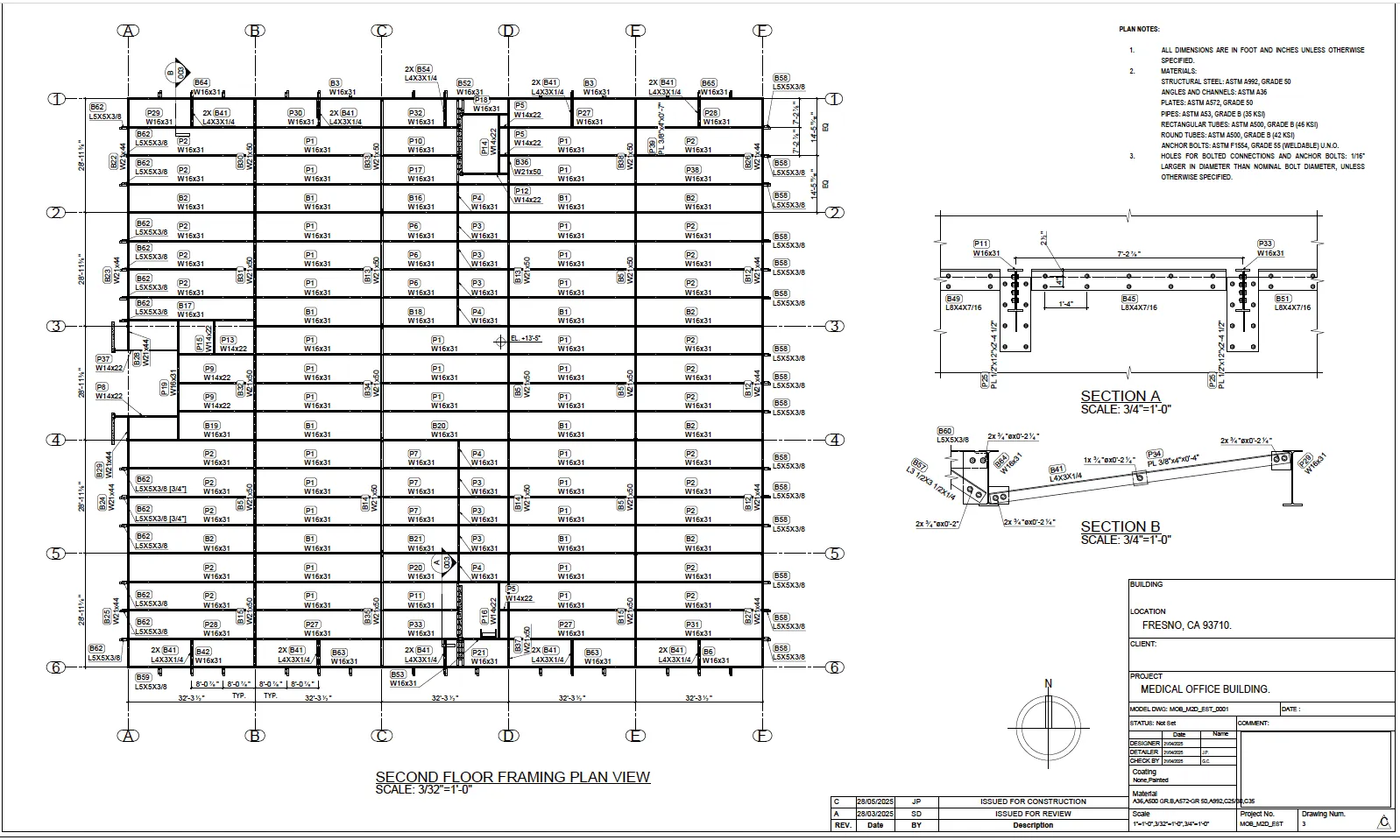 Structural steel framing plan for a two-story medical office building in Fresno, California.