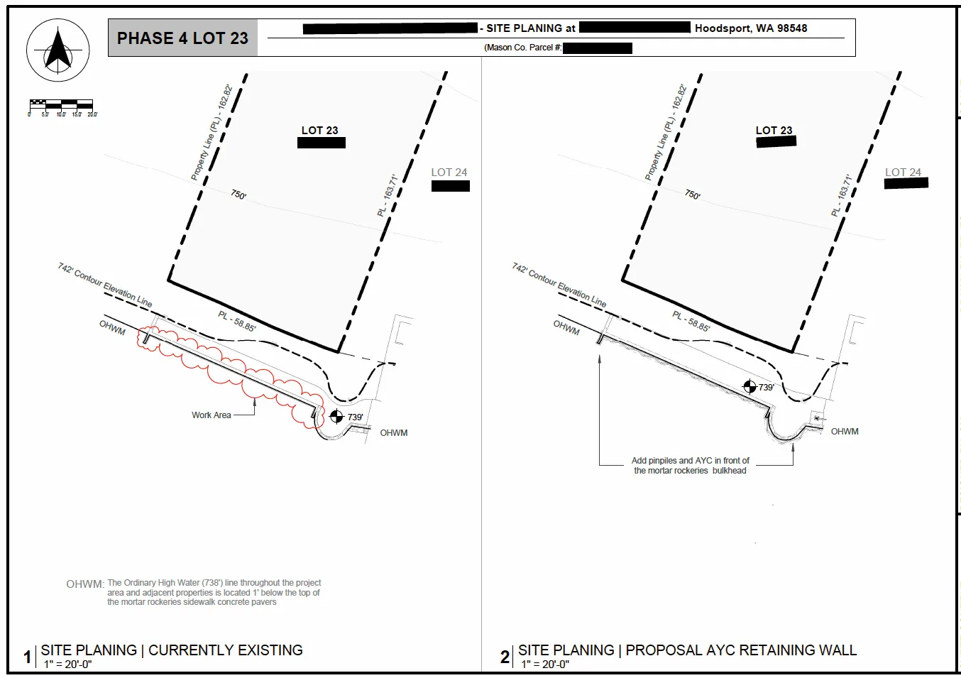 Technical Revit view of proposed shoreline improvements and existing site conditions.