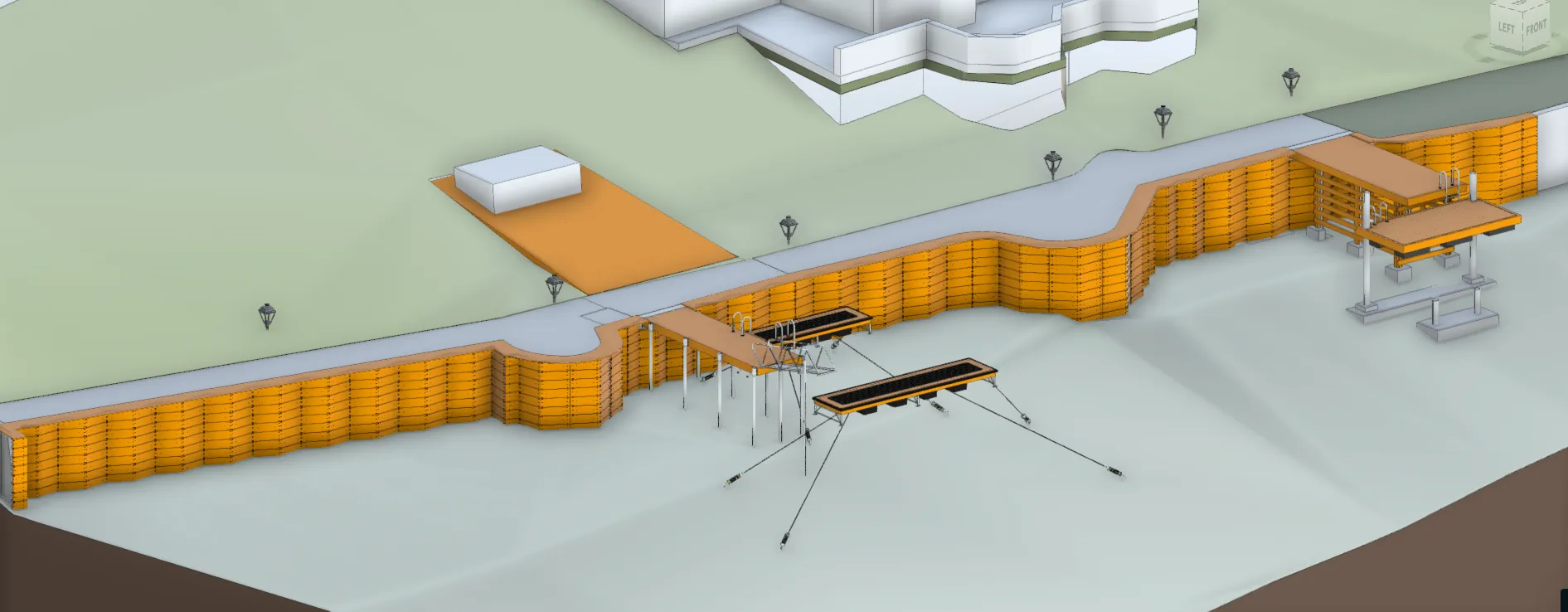 Coordinated 3D view of shoreline structures, landscape, and lake edge conditions.
