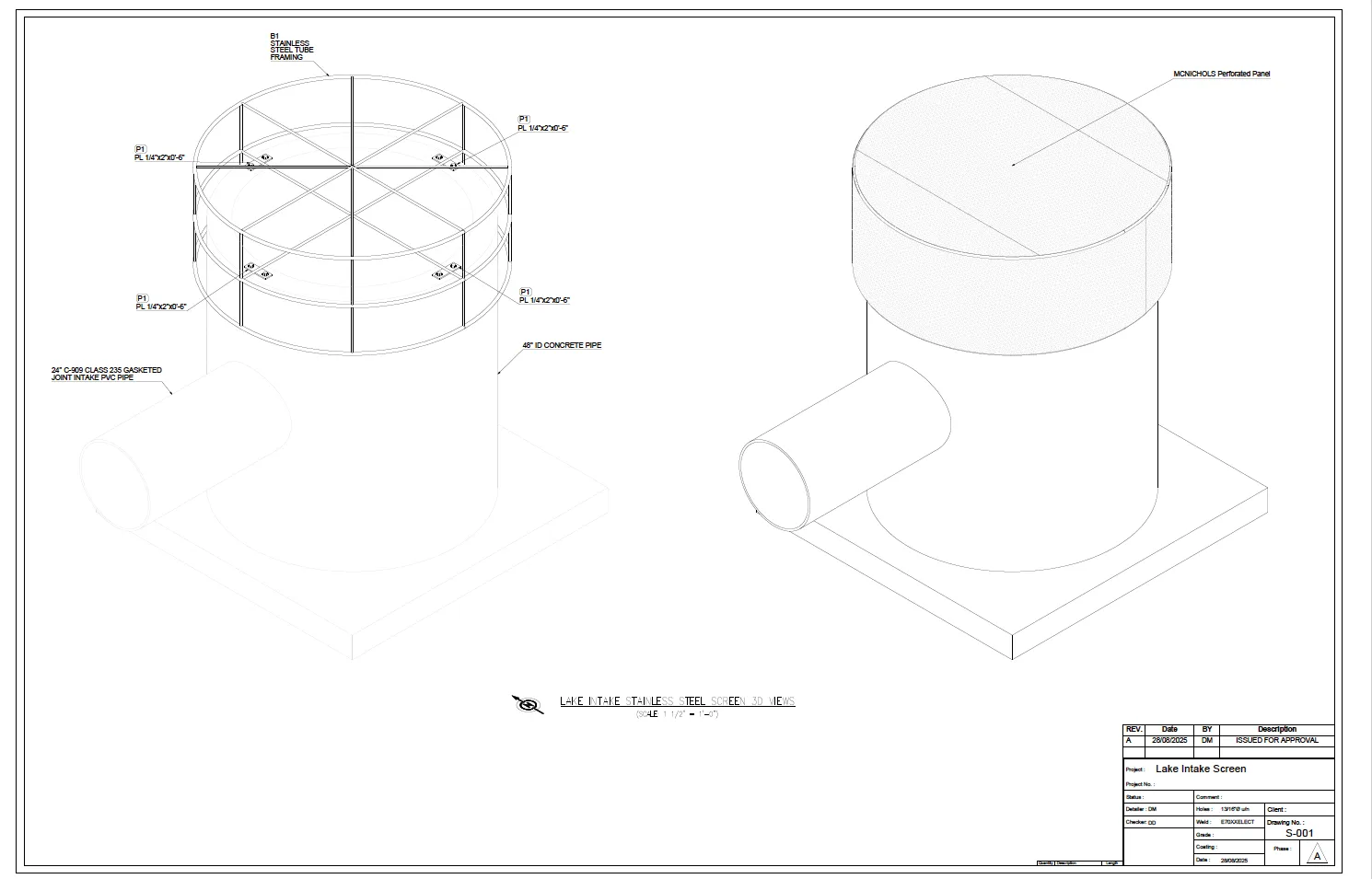 Fabrication detailing sheet for a stainless steel lake intake screen assembly.